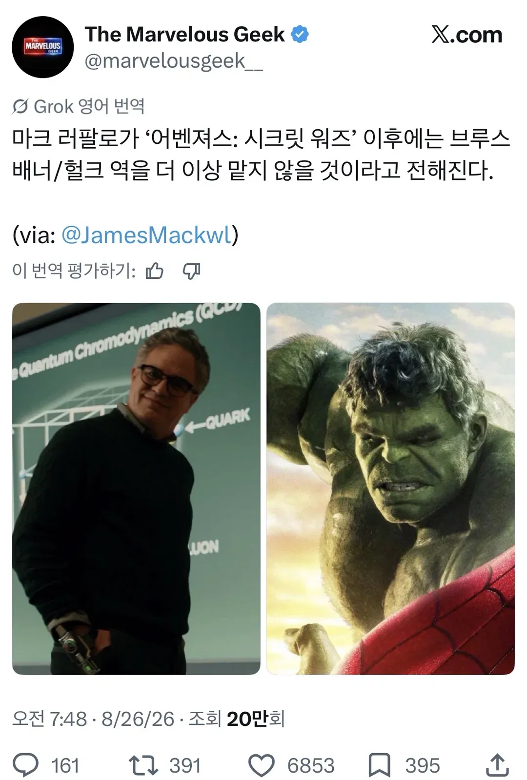 현재 해외에서 마크 러팔로 지지 안해준다고 비판받는 중인 어벤저스 배우들 (7/15)