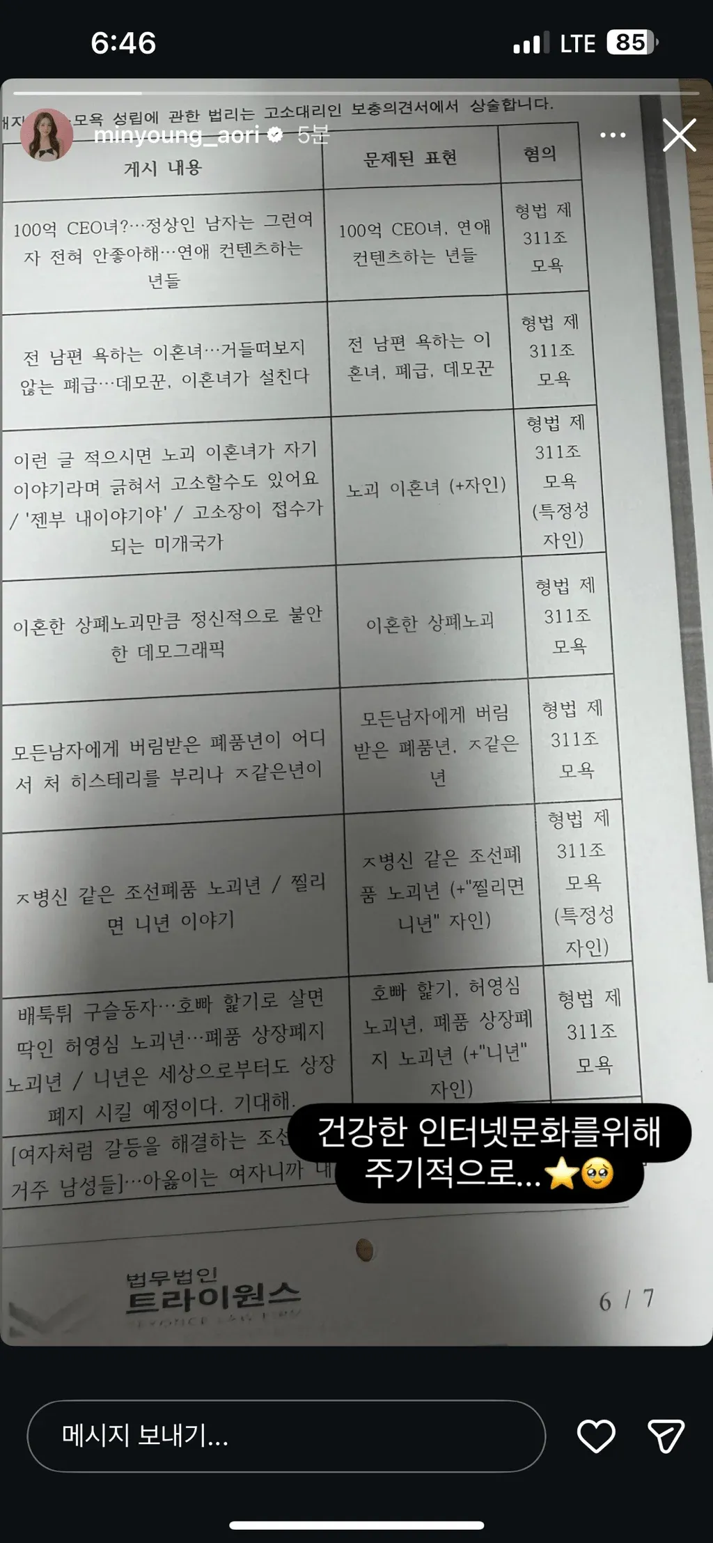 아옳이가 고소한 악플 수준