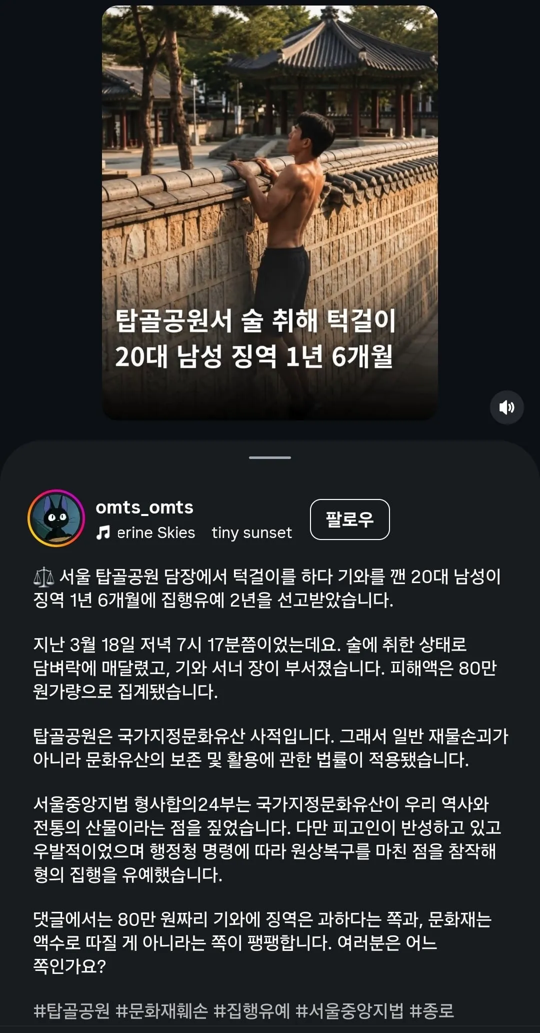 탑골공원에서 턱걸이하다 기와 뿌숴서 집유2년 (1/2)
