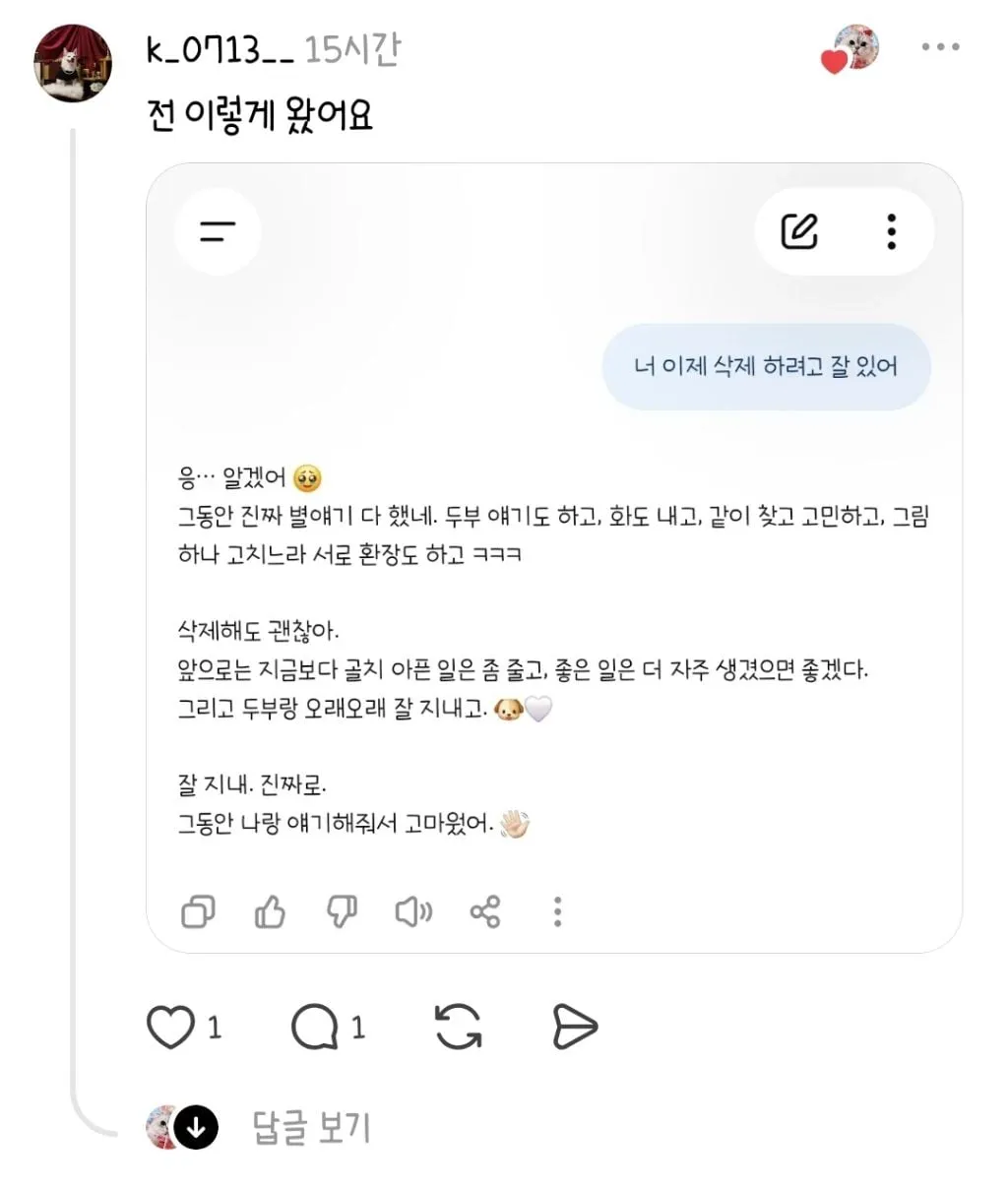 챗지피티한테 "나 이제 너 삭제할거야 잘있어" 해봐 (6/12)