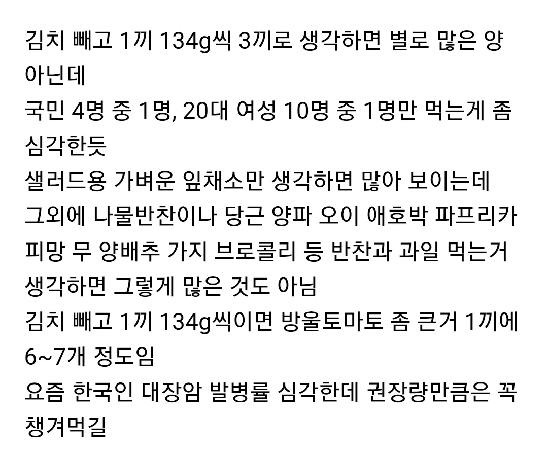 생각보다 채소 과일 권장량만큼 안 먹는 사람들 진짜 많은 우리나라.jpg (대장암 폭증) (2/5)