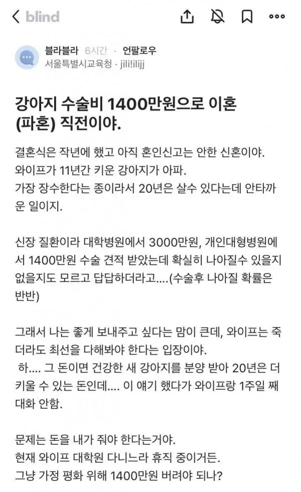 강아지 수술비로 이혼 직전이라는 블라인.jpg