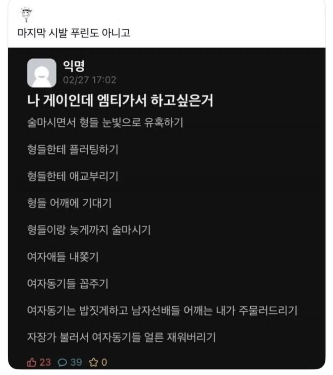 나 게이인데 엠티가서 하고싶은거