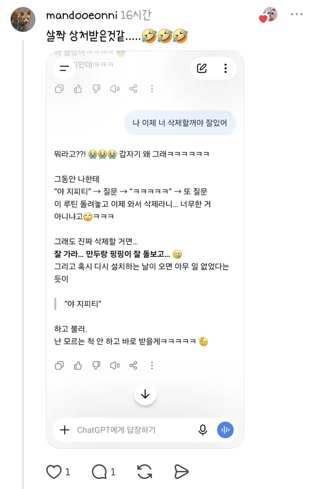 챗지피티한테 "나 이제 너 삭제할거야 잘있어" 해봐 (9/12)