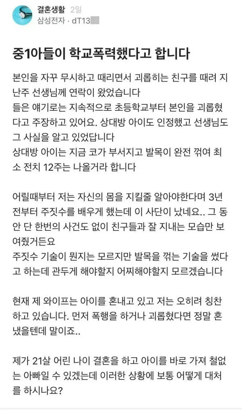 주짓수 배운 중학생 아들 학폭 복수