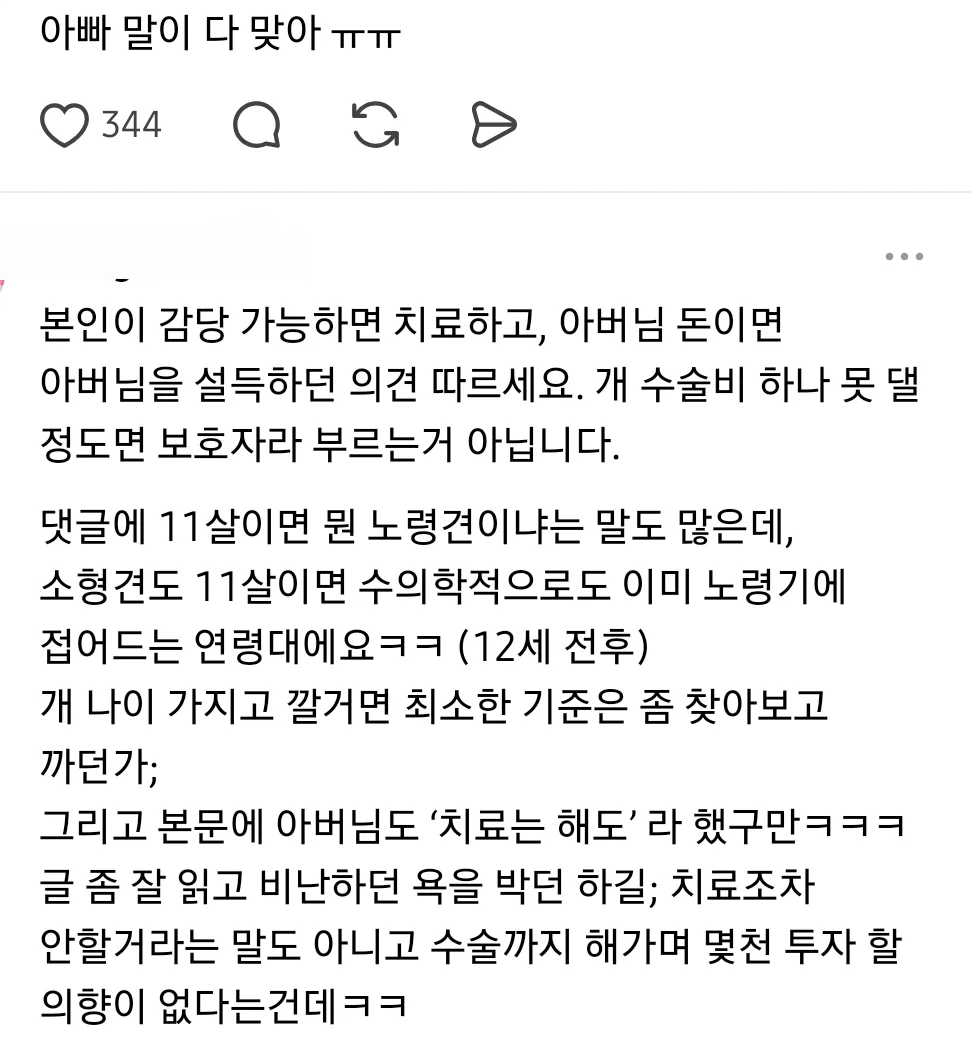 아빠가 노견 치료비 몇백은 내겠지만 수술비 몇천은 못내겠대 (4/8)