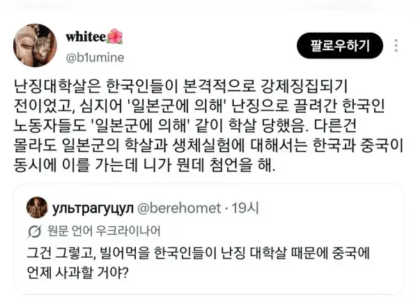 한국은 왜 난징 대학살에 대해 사과를 하지 않냐는 우크라이나인 (5/6)